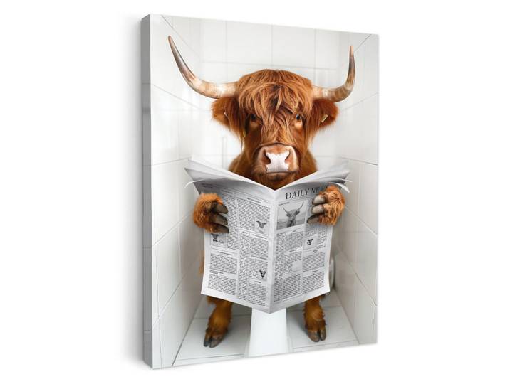 MuchoWow Leinwandbild - Schottischer Highlander - Tier - Zeitung - Toilette - 50x70 - Gemälde, Kastanienfarben, Textil, Kiefer, Abstrakt, Rechteckig, 50x70 cm, gerahmt, Bilder & Rahmen, Bilder, Wandbilder