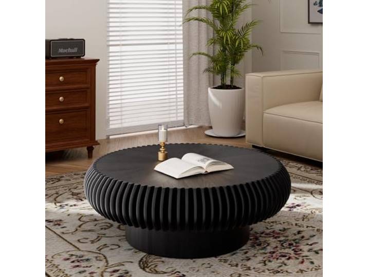 RZTPYS Geriffelter Runder Couchtisch, Moderner Kreisförmiger Couchtisch Aus Holz Mit Stabilem Sockel, Akzent-Mitteltisch Für Wohnzimmer, Wohnung, Büro, Kleiner Raum, Einfache Montage,Black d31.5