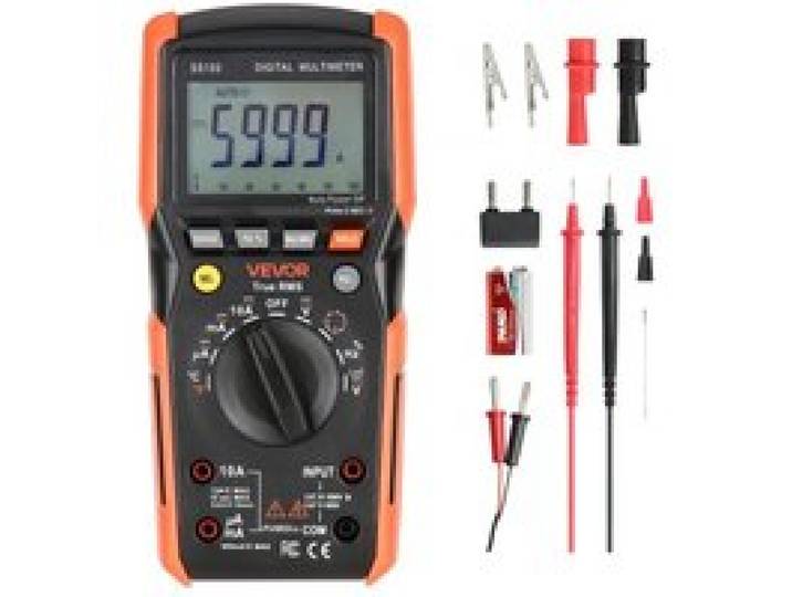 VEVOR Multimètre Numérique, 6000 Points, Multimètre Pro TRMS Voltmètre Test Tension CA CC, Courant, Résistance, Capacitance, Fréquence, Température, Diodes, Continuité, Faible Impédance, Cycle Service