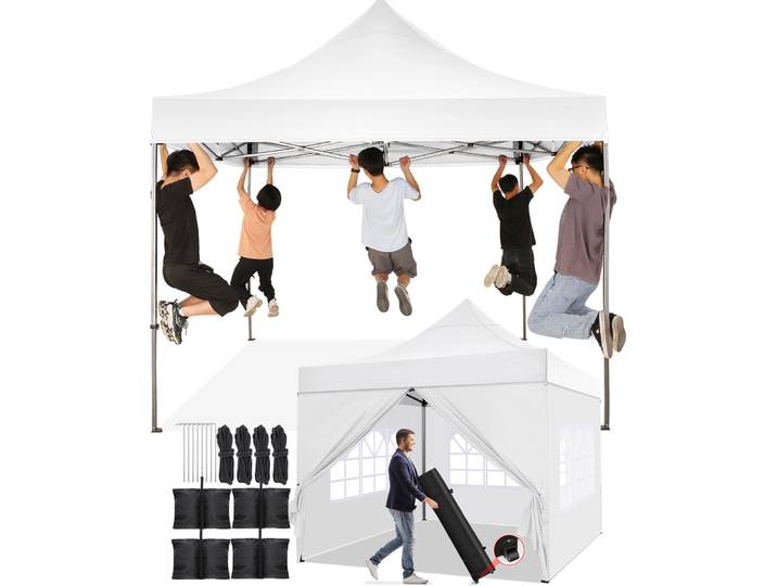 Gazebo pliant 3x3m, auvent de tente de jardin extérieure, Protection UV 50 + 3 tentes de fête réglables en hauteur avec 4 panneaux latéraux et 4 sacs de sable