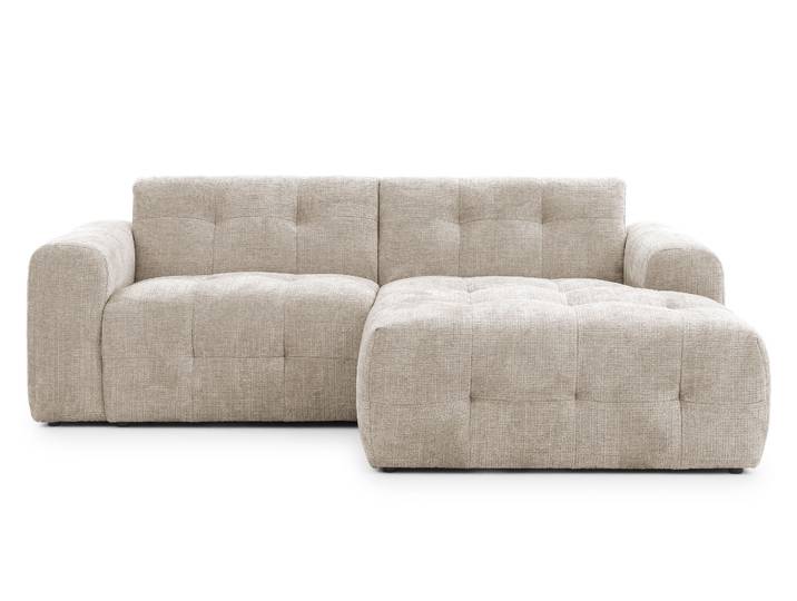 Modernes Ecksofa mit Ottomane rechts, markante Steppungen, Chenille in Sandgrau / 21037