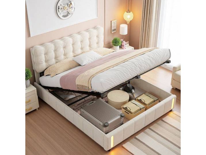 Lit coffre 140x200 en velours beige avec éclairage LED à capteur Lit à gaz hydraulique double design moderne avec rangement