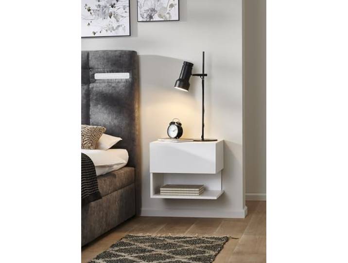 BMG Möbel Nachtschrank hängend wandmontage mit Schublade Nachtkonsole modern in Weiss, anthrazit oder Holzdekor (2, Weiss, Schublade + Ablagefach)