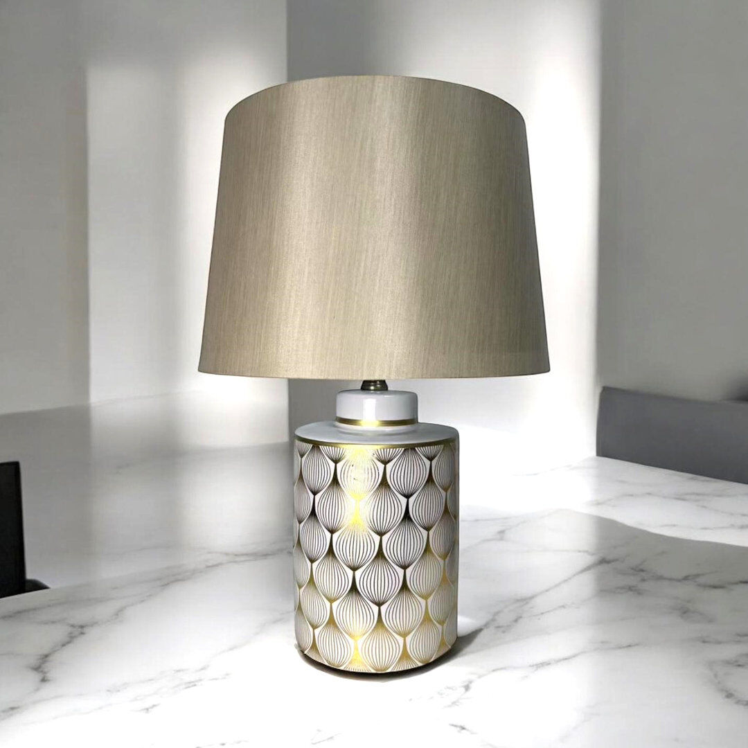 ClassicLiving Stylish Minimalist Textured Ceramic Table Lamp - Fabric Shade Hand Finished Base Warm Ambient Lighting 1m Cable Switch for Home White;Gold 65cm H X 43cm W X 43cm D