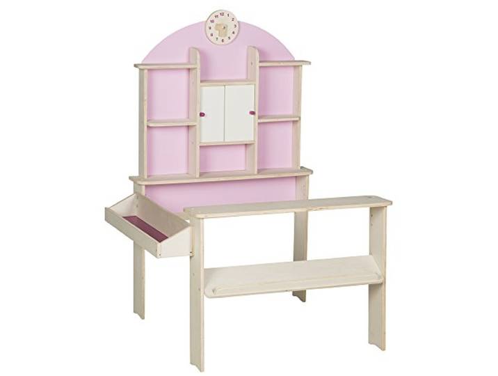 roba Kaufladen, Holz natur, mit Seitentheke, Uhr, rosa Rückwand & weißen Schiebetüren