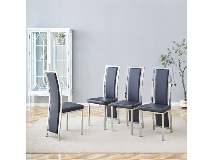 Ensemble de 4 chaises salle à manger design européen minimaliste Similicuir noir métal argenté 44x42.7x109cm bureau cuisine