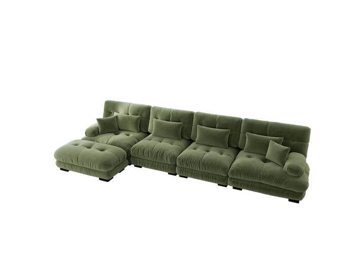 Flora Grace Ecksofa in Grün aus Chenille mit beweglichem Ottoman, 406x145 cm, Wohnzimmer, Sofas & Couches, Wohnlandschaften, Ecksofas