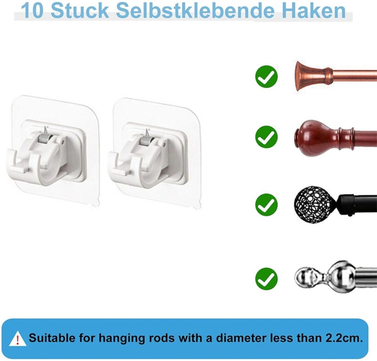 INF Selbstklebender Gardinenstangenhaken 2er-Set – Bohrfrei, Spurenfrei, 5-10kg Traglast, PVC+ABS, Mehrfarbig Weiß