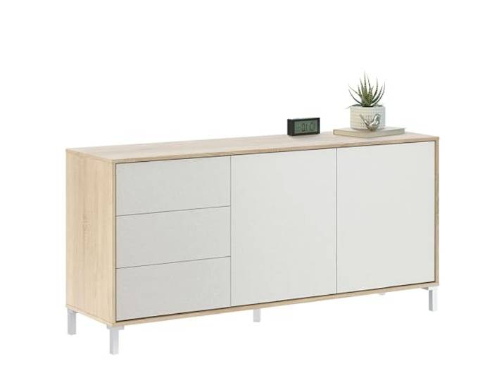 Sideboard mit zwei Türen und drei Schubladen, Eichenfarbe, 154 x 74 x 41 cm.