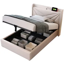 Polsterbett 90x200 cm mit Stauraum und USB Typ C Ladefunktion – elegantes Design Beige Holzrahmen hoher Komfort