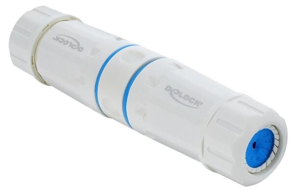 Delock RJ45 naar RJ45 kabelconnector Cat.6A met M23.5 x 1,5 mm schroefdraad, IP68, stof- en waterdicht, wit
