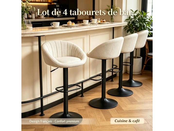 PIPIPOXER Lot de 4 tabourets de bar lin pivotant 360° hauteur ajustable chaise de bar cuisine café et maison 53x53x81/101