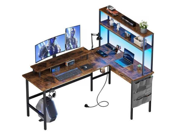 Bureau Gaming d'angle 150 x 100 cm Bureau Gaming en L avec LED Etagères de Rangement et Sacs Brun