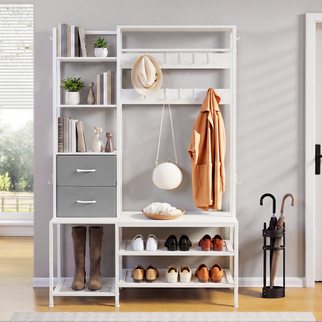 Rio 120 cm W Hall Tree with Storage Bench and Shoe Storage White 180cm H X 120cm W X 40cm D