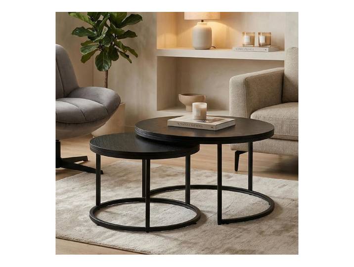 IDIMEX Couchtisch TOURS, Couchtischset 2er Set rund 80/60 cm mit Holz-Dekor Schwarz