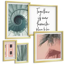 BILDER SET 5er Set - 50x50 cm & 20x30 cm & 40x60 cm Goldrahmen - Architektur-Pastellmuster
