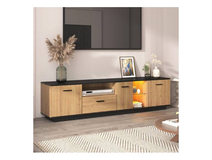 Merax Lowboard aus Holz mit LED-Beleuchtung und Glasablage, TV-Schrank mit großem Stauraum