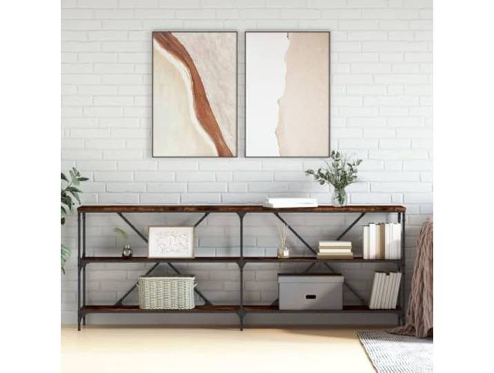 Konsolentisch, Raucheiche, 200 x 30 x 75 cm, Holz und Eisen Organisierte Aufbewahrung, Eisenrahmen, X-Stangen, verstellbare Füße, Wandbefestigung, Eingangsbereich, Wohnzimmer, Flur