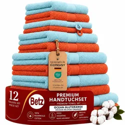 Betz 12-tlg. Handtuch-Set PREMIUM 100% Baumwolle 2 Duschtücher 4 Handtücher 2 Gästetücher 2 Seiftücher 2 Waschhandschuhe blutorange/ocean
