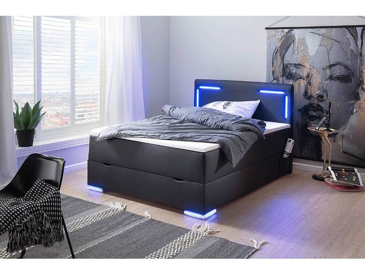 Beleuchtetes Boxspringbett Los Angeles 140 x 200cm Kunstleder Mei Schwarz
