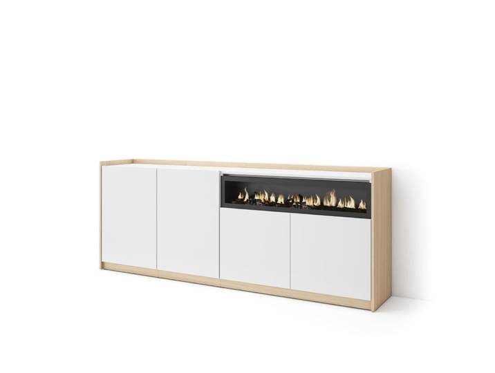 Buffet effet bois blanc et chêne 210x37x80cm cheminée effet feu