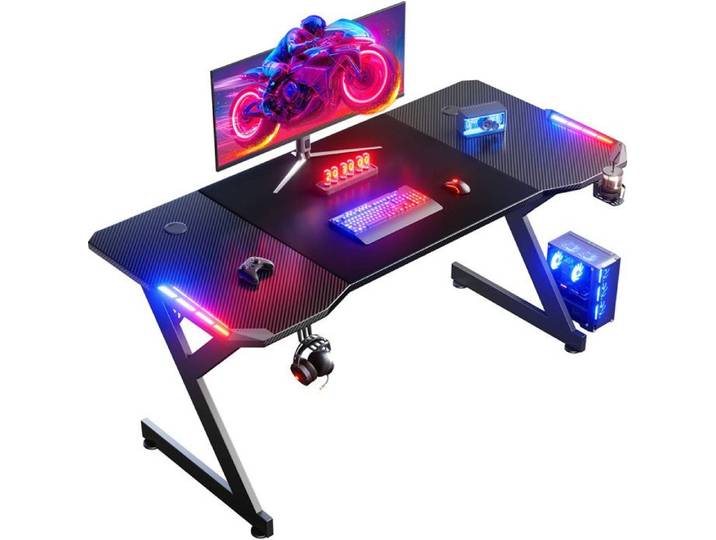 HLONONE Bureau Gaming LED 160 × 60 cm Bureau Gamer Ergonomique avec Porte-gobelet et Crochet pour Casque Fibre de Carbone Noir