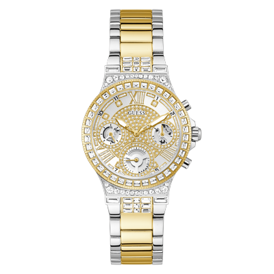 Quarzuhr GUESS "MOONLIGHT", silber (silberfarben, goldfarben, silberfarben), Armbanduhren, Damen, silberfarben-goldfarben, Quarzuhr, Armbanduhr, Damenuhr, Edelstahlarmband, Kristallglas