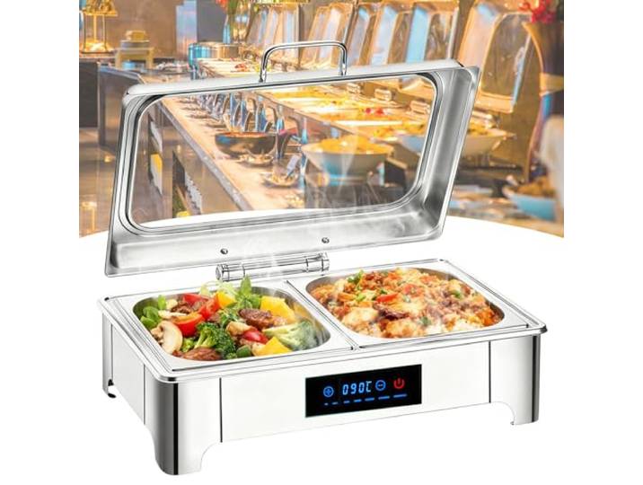 VFDZ Chafing Dish Elektrisch Glasdeckel, 9L Edelstahl(1/2 Pan) Speisewärmer Buffetwärmer Elektrisch Einstellbarer Temperatur, Warmhaltebehälter für Speisen für Catering, Buffet, Party