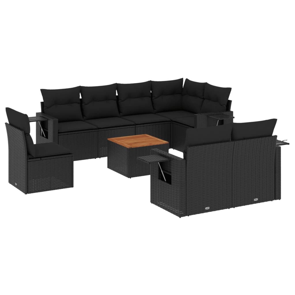 9-tlg. Garten-Sofagarnitur, Modular für Außenbereich, PE-Rattan, Stahl, Akazienholz, abnehmbare Kissenbezüge, Schwarz