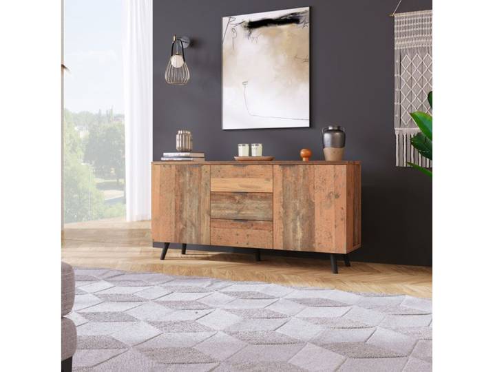 Meuble TV buffet bas vintage AESVAR 140 x 35 x 70 cm 3 tiroirs 2 portes brun antique