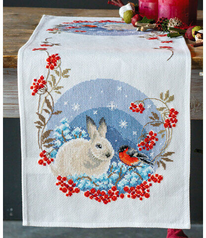 Stickläufer "Schneehase & Dompfaff"