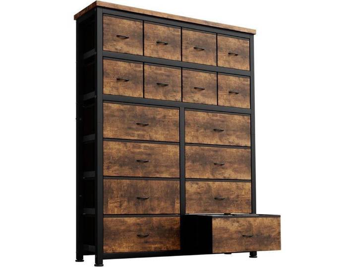 Commode de Chambre 16 Tiroirs - Armoire de Rangement Vêtements - 101x30x130 cm - Meuble Organisateur en Tissu et Acier - Marron