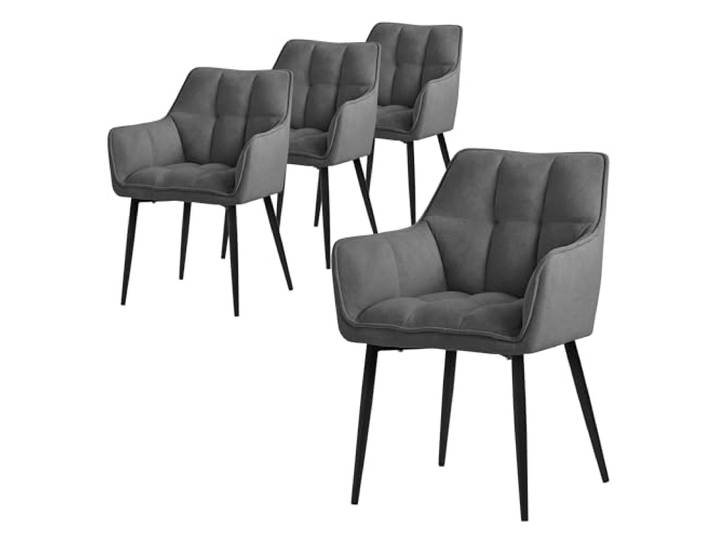 ML-Design Esszimmerstühle 4er Set aus Frotteestoff, Dunkelgrau, Küchenstuhl dickem gepolsterter Sitz & Metallbeinen, Wohnzimmerstuhl mit Rücken- und Armlehnen, Polsterstuhl, Ergonomischer Loungesessel