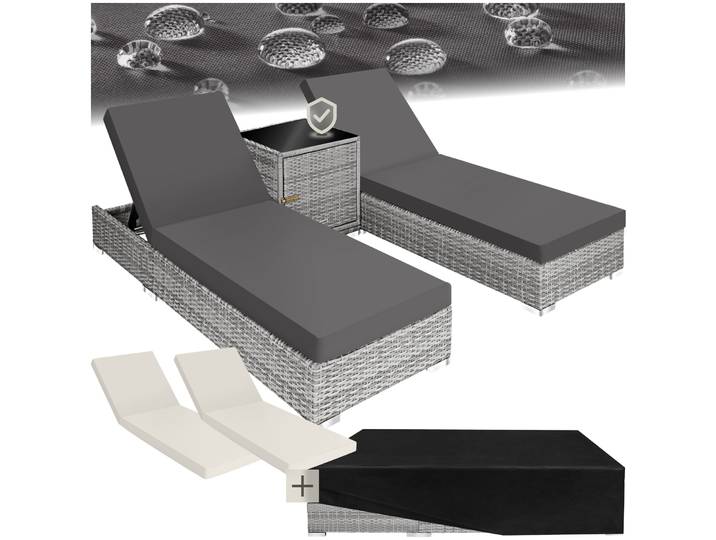 2 Sonnenliegen Rattan mit Aluminiumgestell und Tisch inkl. Schutzhülle - hellgrau