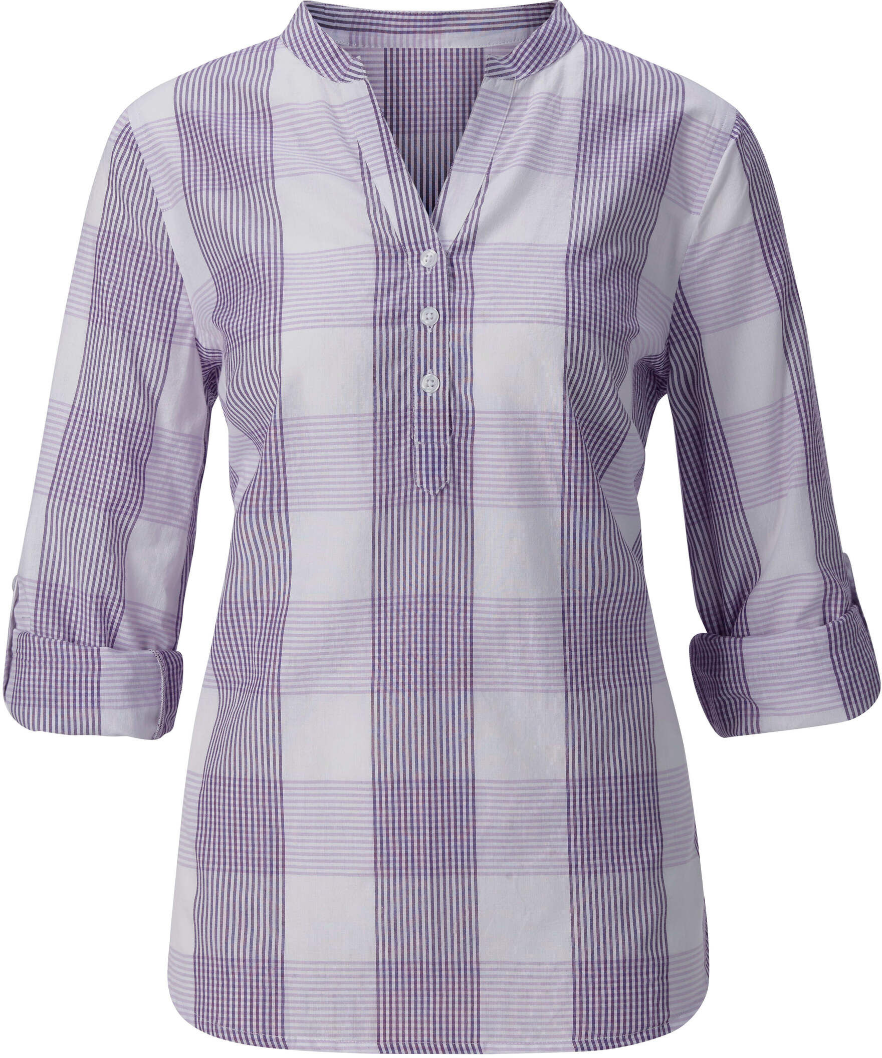 Shirtbluse WITT "Bluse Baumwollbluse mit Stehkragen, kariert", Damen, Gr. 42, lavendel, weiß, kariert, Batist, , Sportlich, V-Ausschnitt, Blusen Shirtbluse