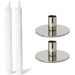 2er-Set Stabkerzenhalter Metall Silber 10x5cm mit LED-Stabkerze Echtwachs elektrisch batteriebetrieben flammenlos Vintage Kerzenhalter Retro Home Deko weihnachtliche Tischdeko Kerzenständer