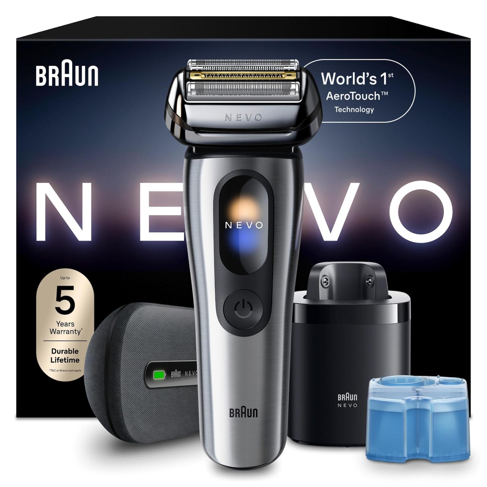 BRAUN NEVO 17000cc silber Herrenrasierer (Aero Touch-Rasiertechnologie, Ultra-Glide-Scherfolie, NEVO Smart Prozessor, Smart Display, 7-in-1 Care System, ultra-flexibler Kopf, integrierter Langhaarschneider, 100 % wasserdicht, 60 Minuten Akku, Gehäuse aus l
