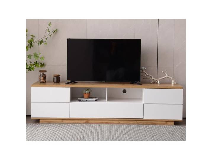 Meuble TV - Fortuna Lai - Contemporain - 5 portes - Étagère - Contreplaqué - Blanc - 180x38x46cm
