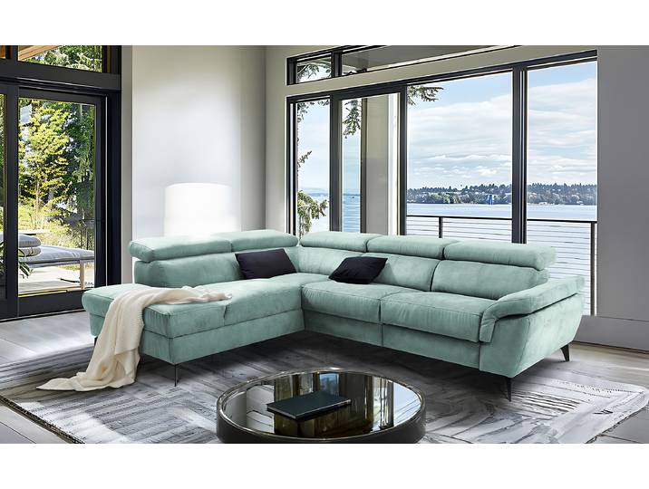 Ecksofa mit Ottomane Blau Microfaser Canay 265 x 73 x 210cm Ottomane davorstehend links Kopfstütze verstellbar/Armlehne