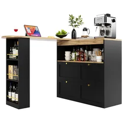 OKWISH Bartisch Schwarz 138x39x104 cm mit 360 Grad drehbaren Ablagen 4 Schubladen MDF Metallrahmen Goldgriffe