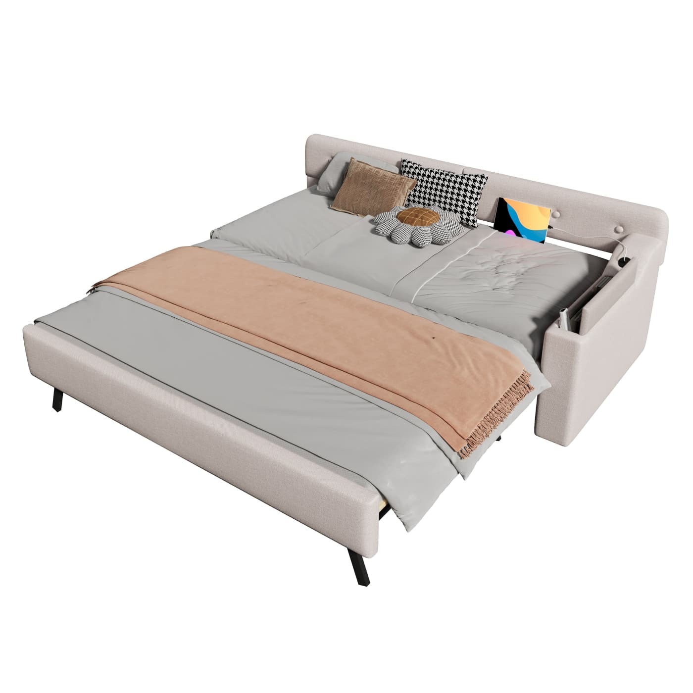 Schlafsofa,Daybett(Beige)Tagesbett,Schlafsofa mit Lattenrost, mit ausziehbarem Ausziehbett mit Klappstaufach, usb+type-c, Leinen