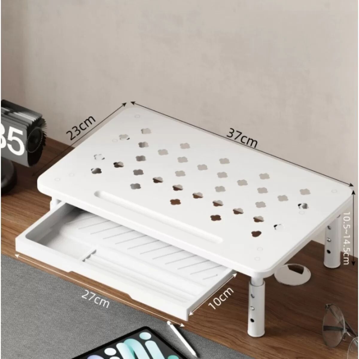 INF Support de Moniteur Rehaussé avec Tiroir - Support d'Ordinateur Ergonomique en Acier Blanc