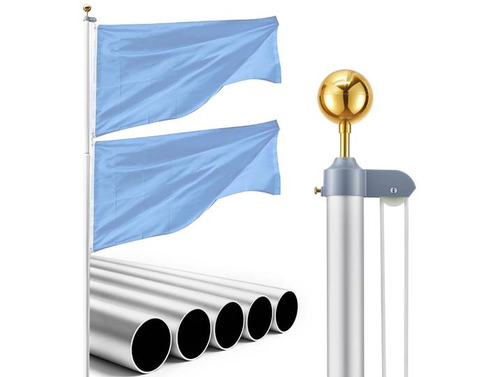 VEVOR\, mât de drapeau de 6 mètres\, ensemble de mâts de drapeau modulaires pour l'extérieur\, tige de drapeau en aluminium extra épaisse avec manchon de base en PVC\, idéal pour une utilisation en jardin\, privée et commerciale\, couleur argent