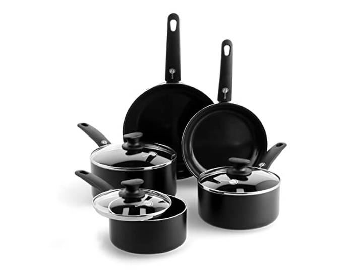GreenPan Cambridge 8-teiliges Topf- und Pfannenset, Gesunde Keramische Antihaftbeschichtung, Mit Bratpfannen, Kochtöpfe und Deckeln, PFAS-frei, Induktionsgeeignet, Spülmaschinengeeignet, Schwarz
