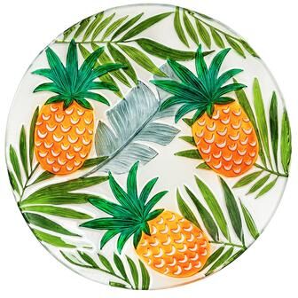 Evergreen "18"" Hand Painted Embossed Glass Bird Bath, Tropical Pineapple"