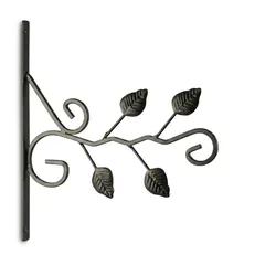 Relaxdays Blumenhaken mit Blätter-Motiv, Halter für Wand, Pflanze, Blumenampel, Garten, HxBxT: 30,5 x 28 x 2 cm, schwarz