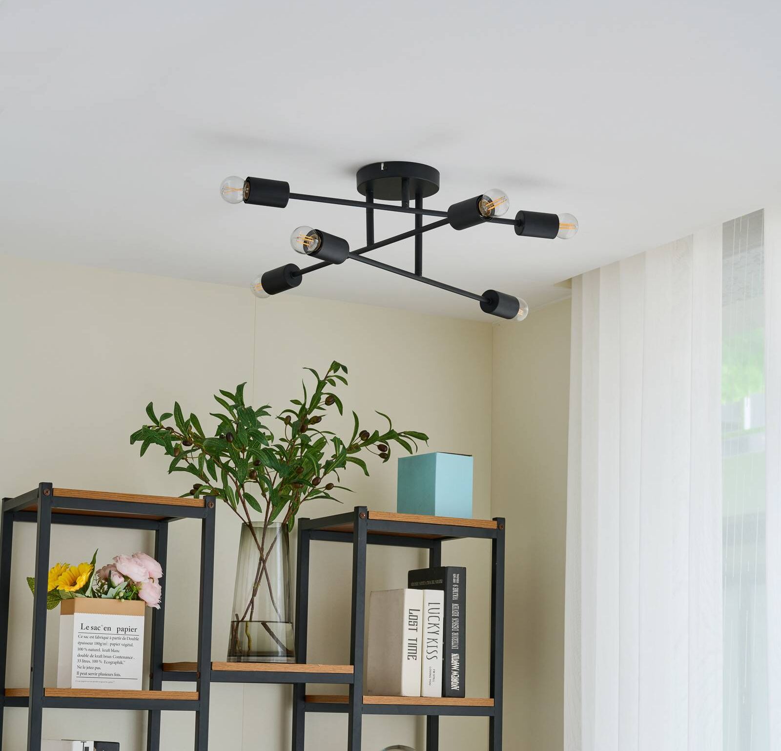 Ceiling Light Estar Lindby, dimmable, Black, Living / Dining Room, metal, Vintage, Ceiling Light