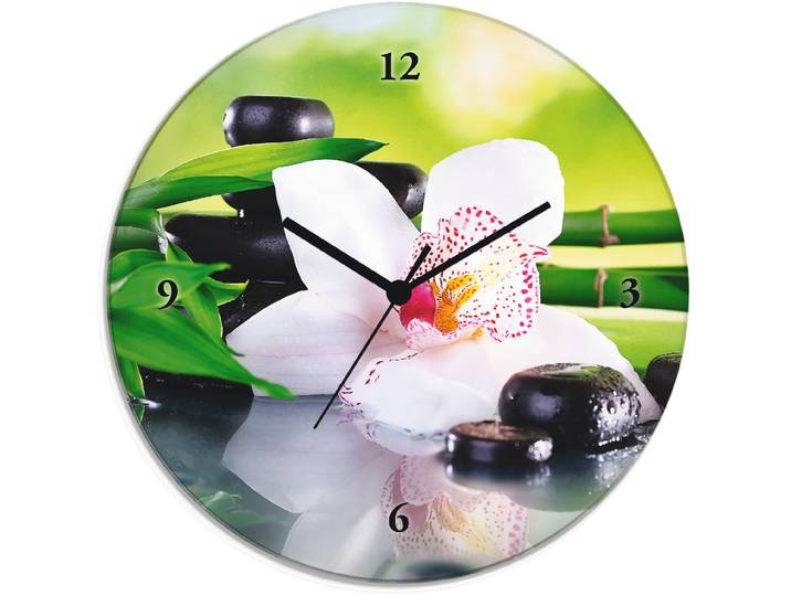 Wanduhr ARTLAND Spa Steine Bambus Zweige Orchidee , grün, T:1,8cm, Wanduhren, Wanduhr, wahlweise mit Quarz- oder Funkuhrwerk, lautlos ohne Tickgeräusche
