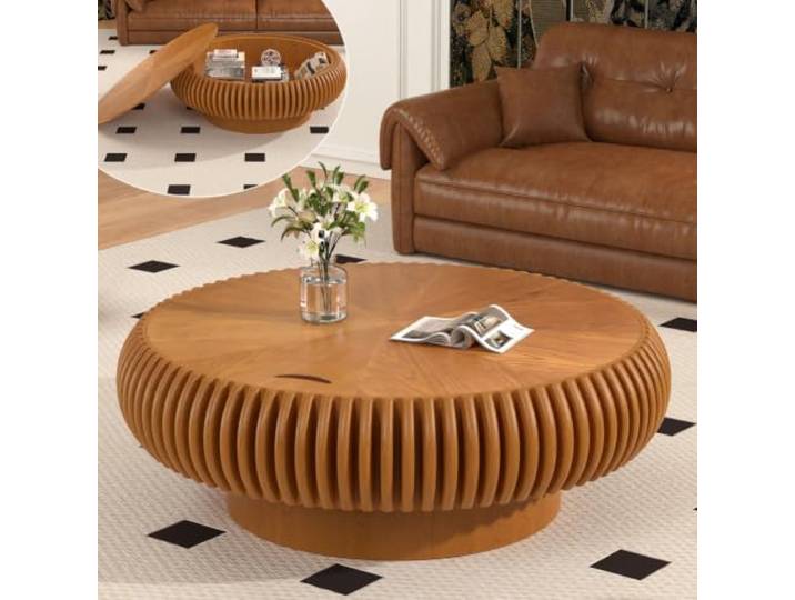 Runder Couchtisch Mit Integriertem Stauraum, Moderner Couchtisch Aus Holz Runder Couchtisch Im Mid-Century-Stil Mit Stabilem Sockel, Geriffelter Beistelltisch Für Wohnzimmer Und Wohnung