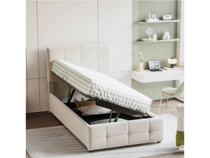 ULEVR Lit coffre enfant 90x200 cm en velours beige tête de lit réglable sommier à lattes rangement hydraulique
